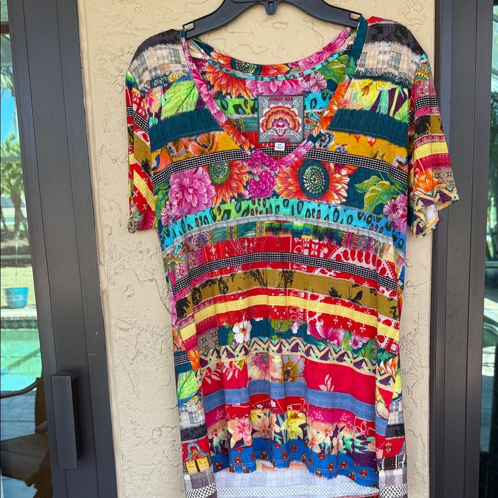 Johnny Was Multicolor Floral and Striped Short Sleeve Top